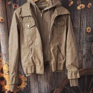 Women's Tan Vegan Leather Jacket with Hoodie